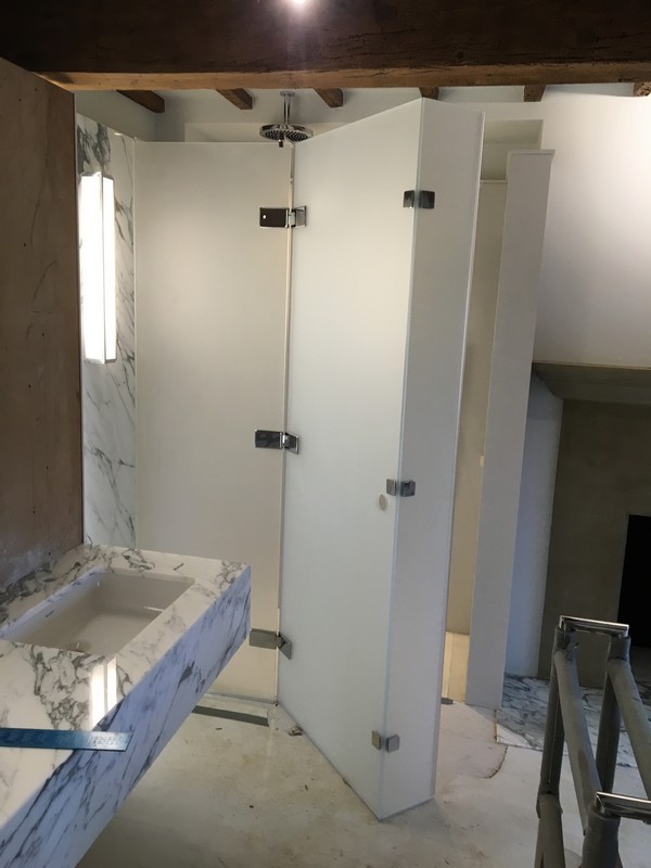 Bespoke frosted glass shower enclosure in Richmond luxury bathroom